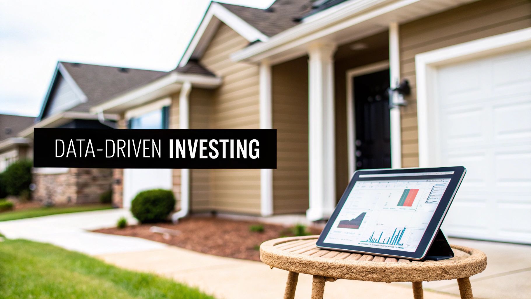 A tablet displaying financial charts and graphs on a table in front of a house, labeled 'DATA-DRIVEN INVESTING'.