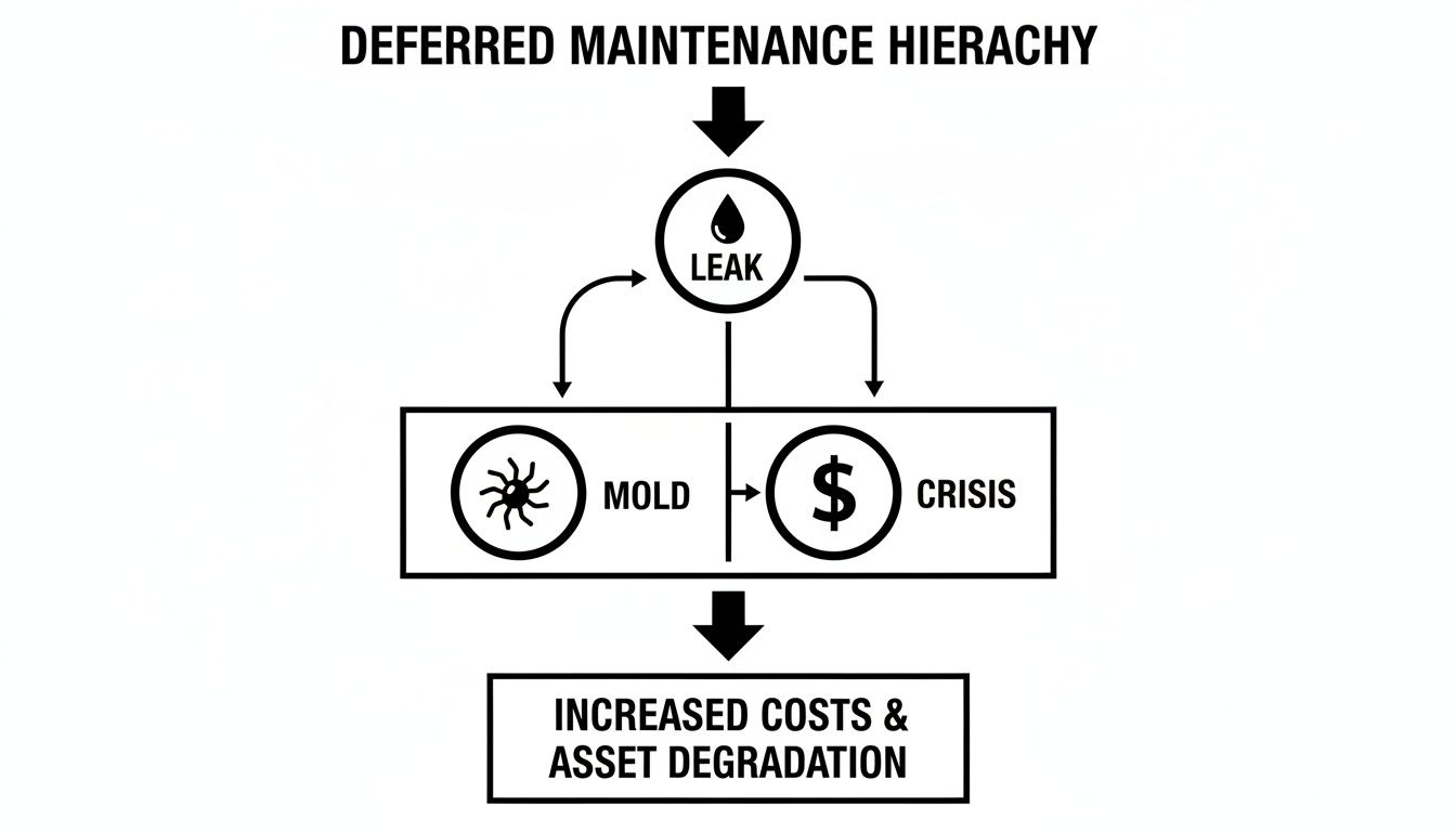 Flowchart illustrating the deferred maintenance hierarchy, showing a leak leading to mold or crisis, resulting in increased costs and asset degradation.