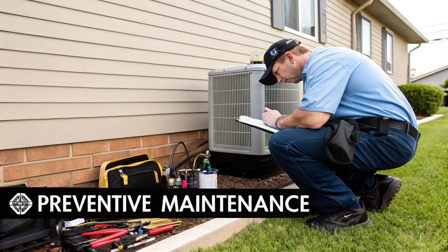 A technician performs preventive maintenance on an outdoor HVAC unit, checking and writing on a clipboard.