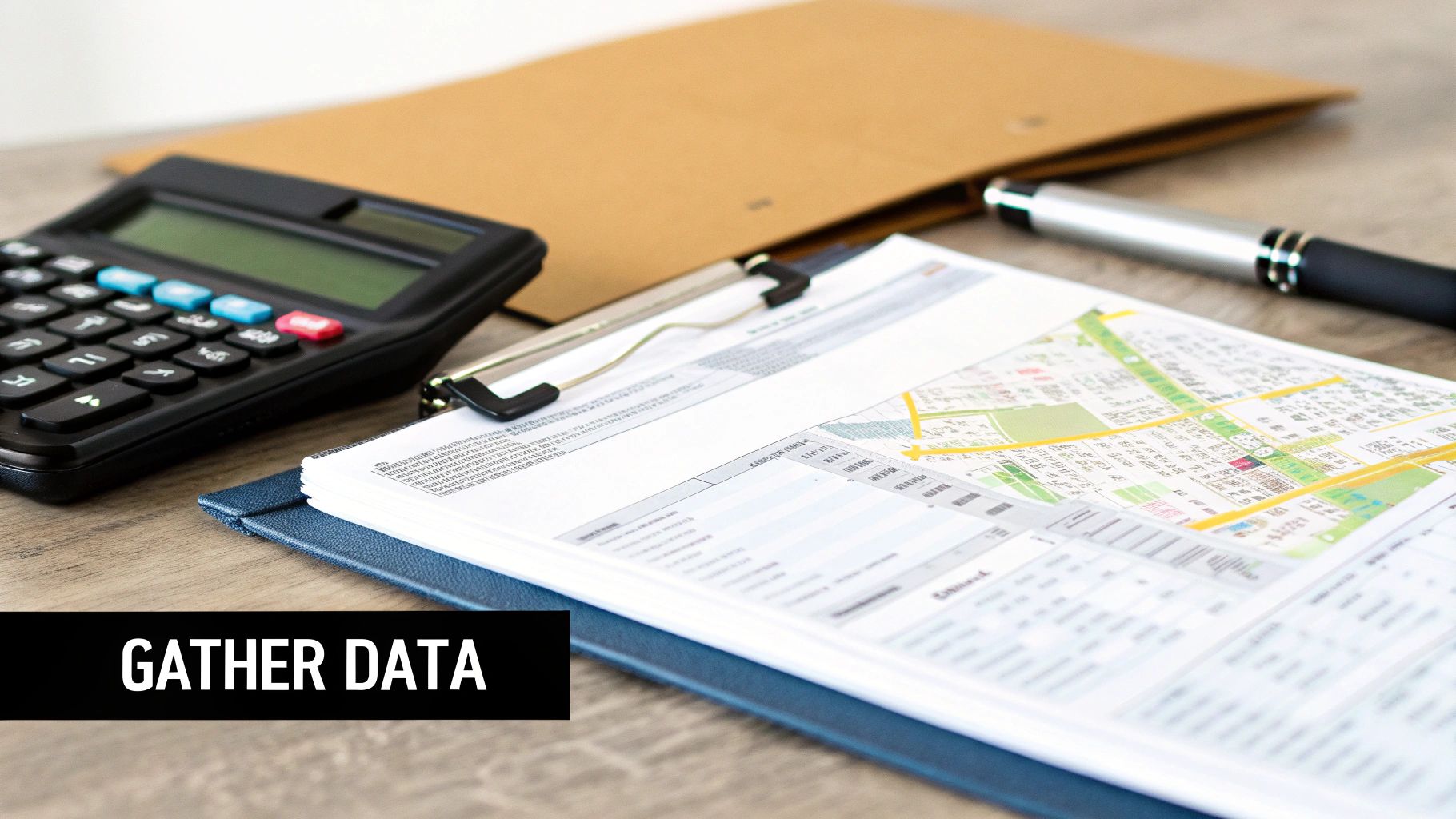 A calculator, pen, folder, and documents on a desk with a 'GATHER DATA' text overlay.