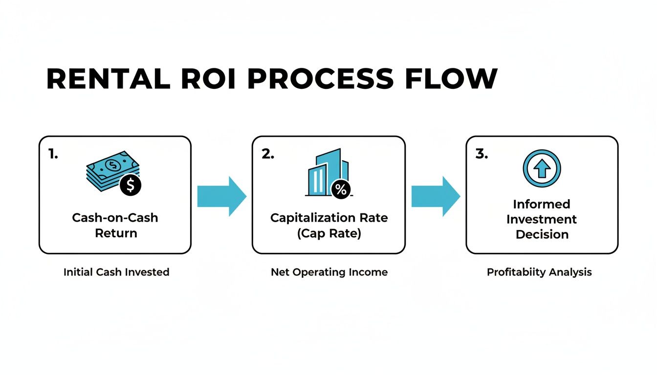 A three-step diagram illustrating the rental property ROI process flow for informed investment decisions.