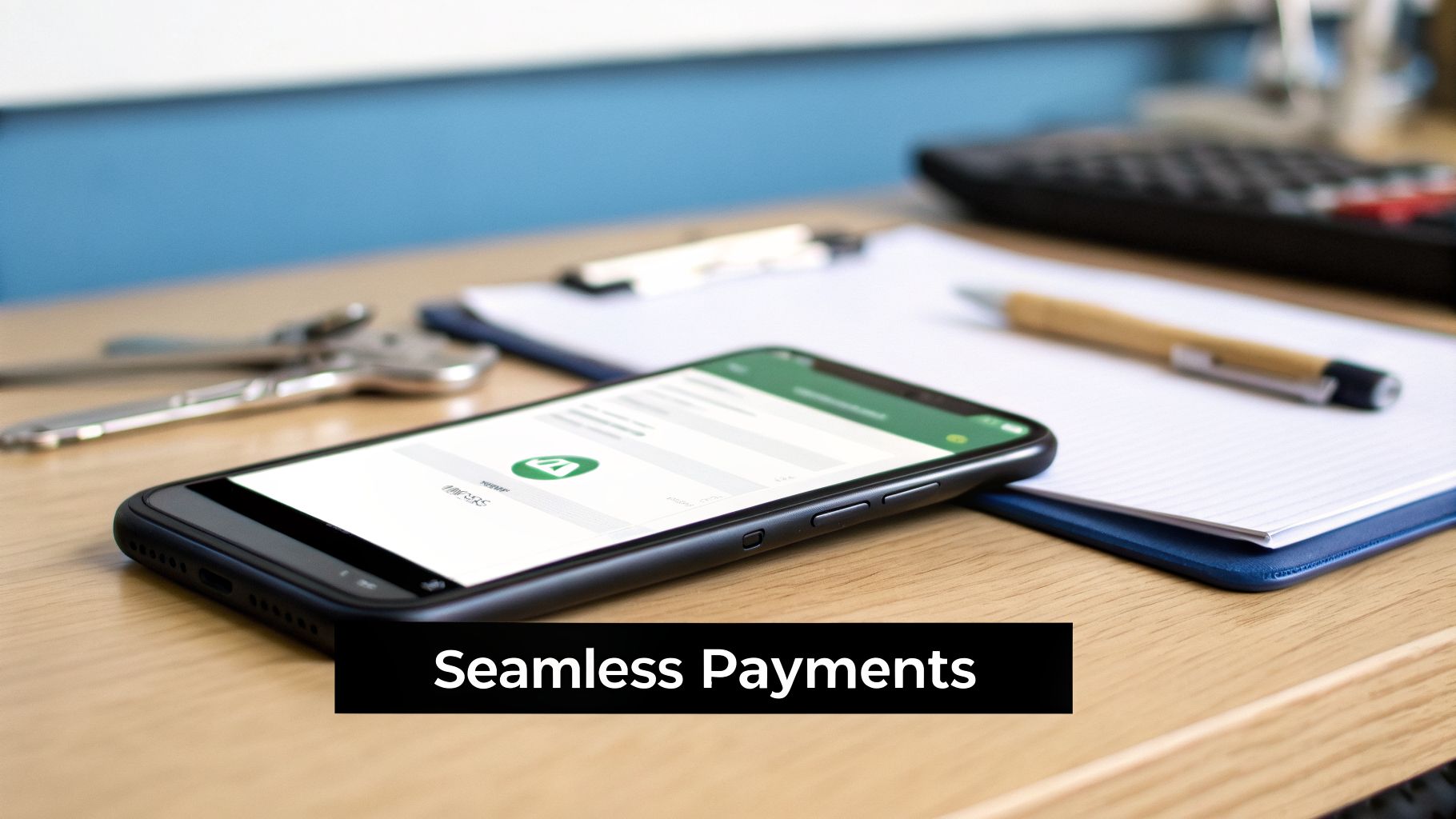 A smartphone displaying a payment app on a wooden desk, symbolizing seamless financial transactions.