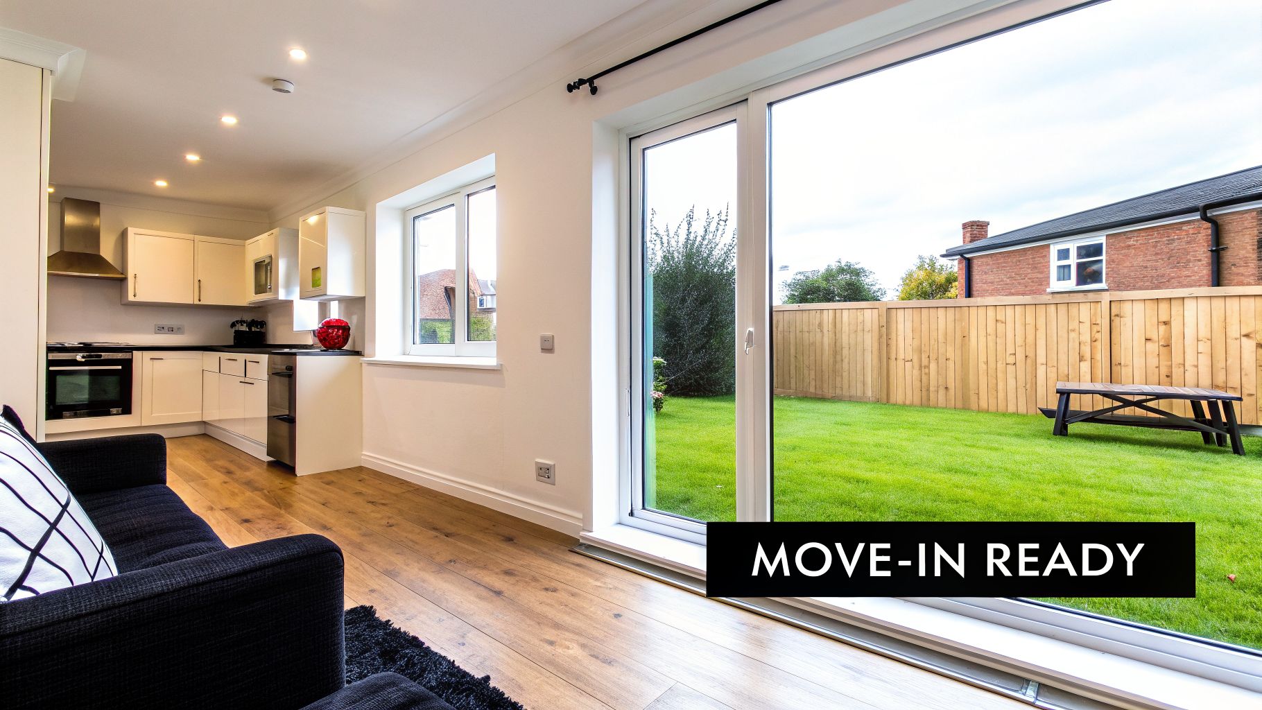 A spacious open-plan kitchen and living area with wood floors, garden access, and modern finishes.