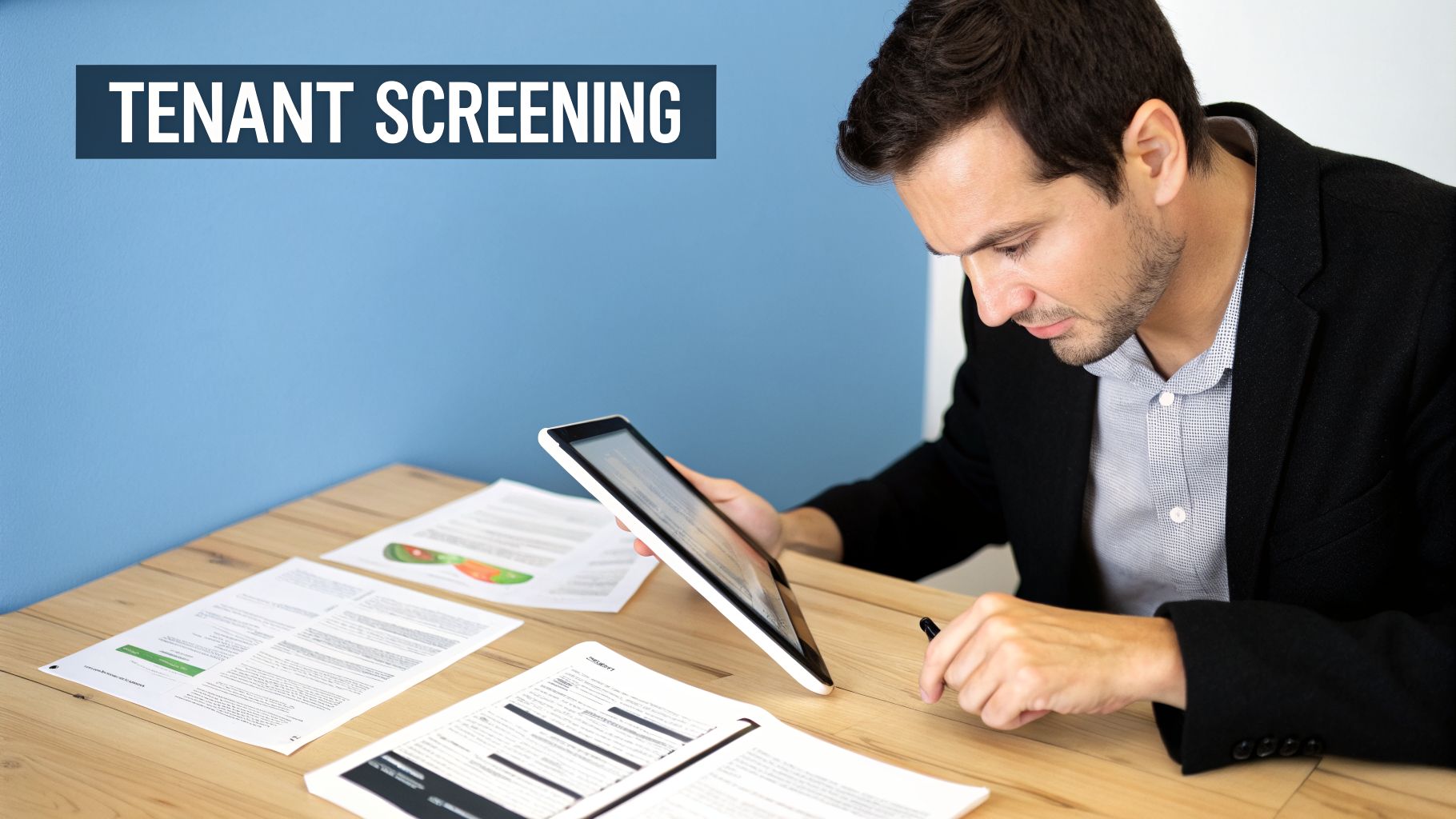 A man in a suit carefully reviewing tenant screening documents and data on a tablet at a wooden desk.