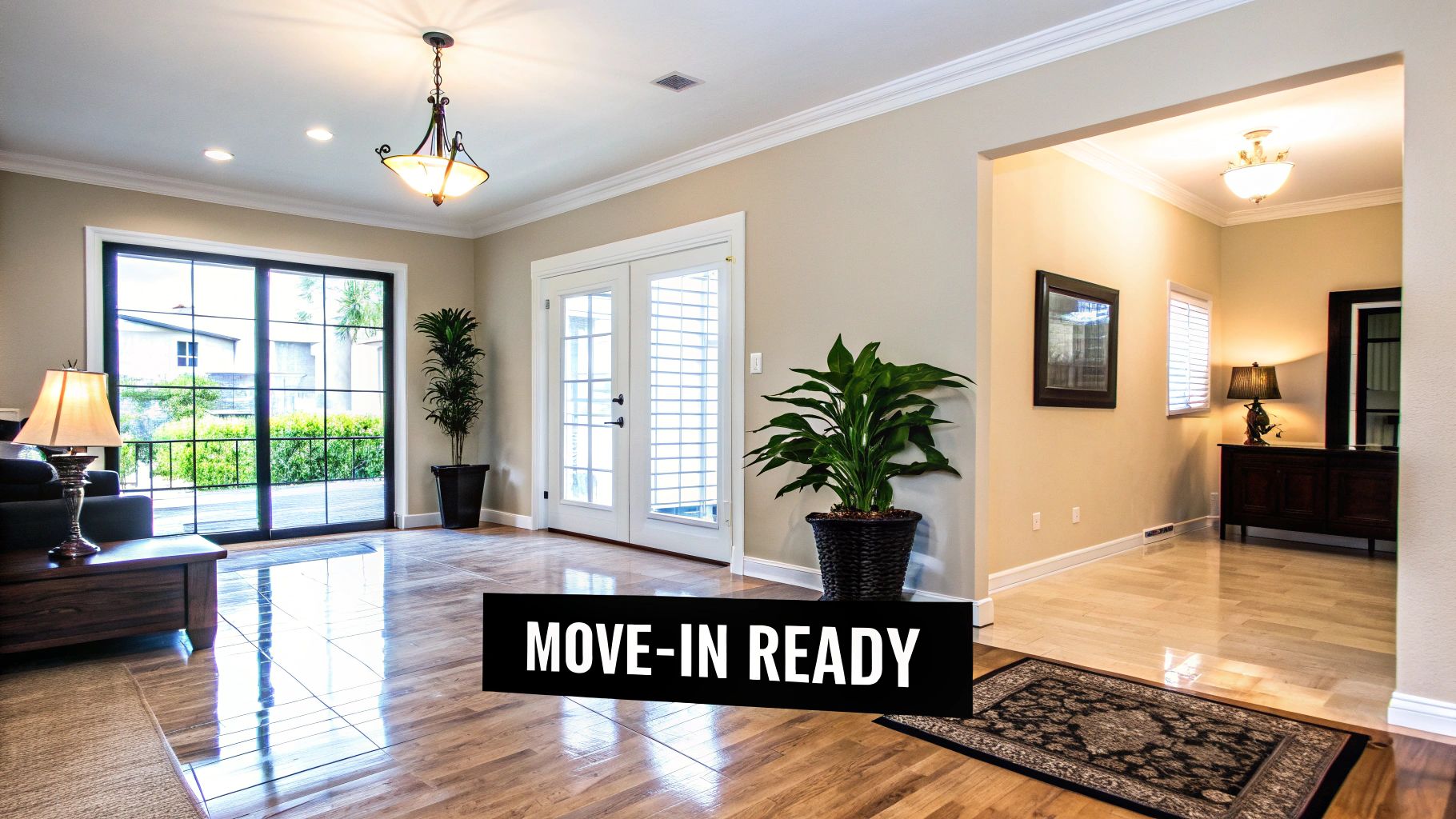 A spacious, move-in ready home with bright interiors, wooden floors, large windows, and an inviting entryway.