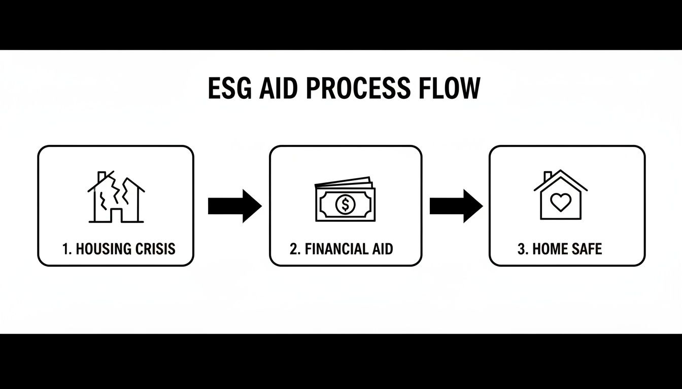 A process flow diagram illustrating ESG aid steps from housing crisis to financial assistance and a safe home.