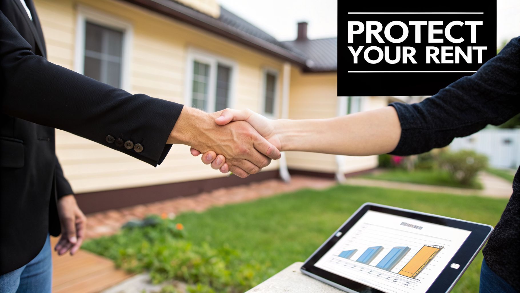 Handshake between two individuals outside a house with a 'PROTECT YOUR RENT' sign.