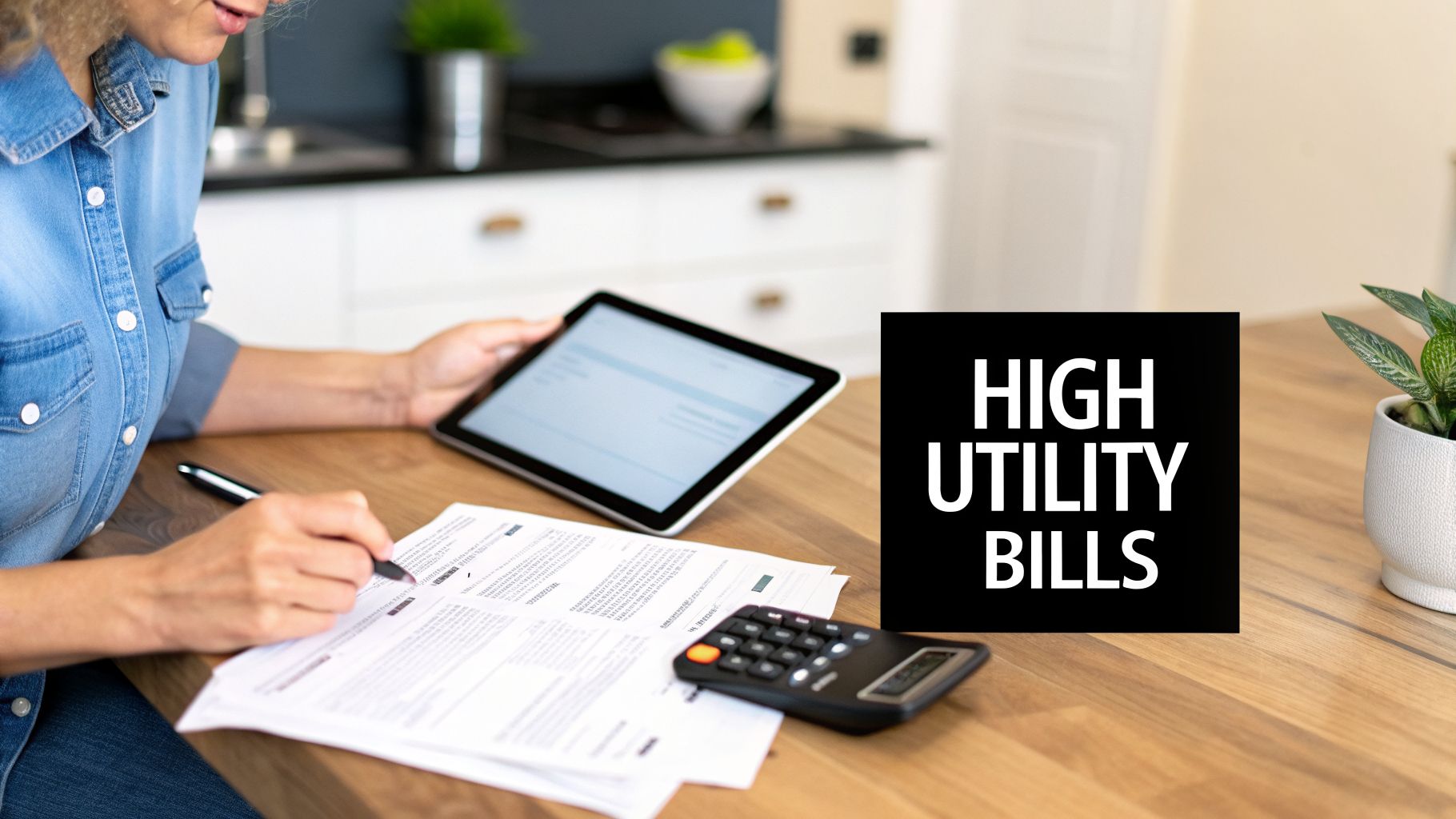 Woman reviewing high utility bills, comparing paper documents with information on a tablet and a calculator.