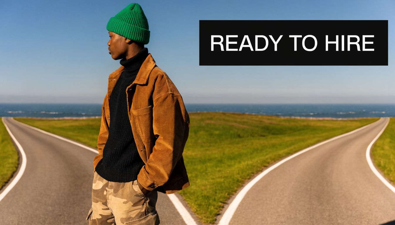A young man wearing a green beanie standing at a fork in the road under a clear sky.