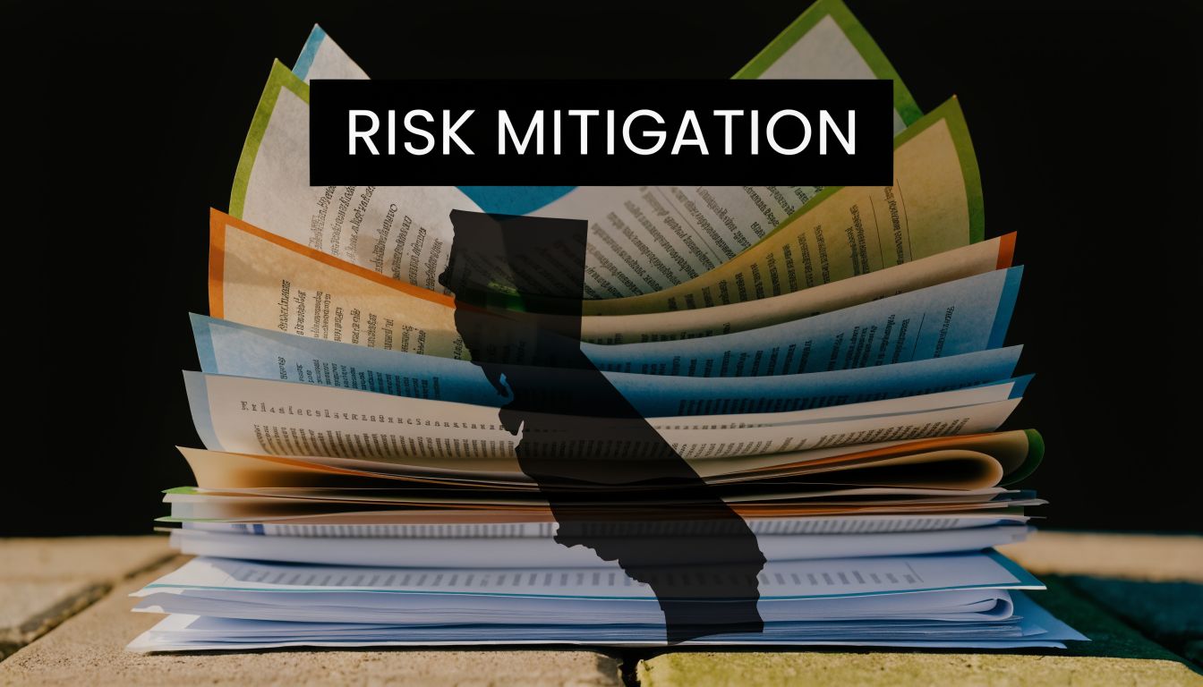 A stack of documents with a silhouette of California overlay and the words Risk Mitigation above.