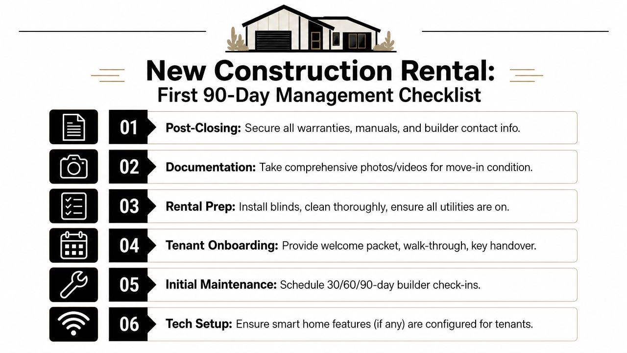 A checklist infographic titled New Construction Rental First 90-Day Management Checklist with six numbered actionable steps.