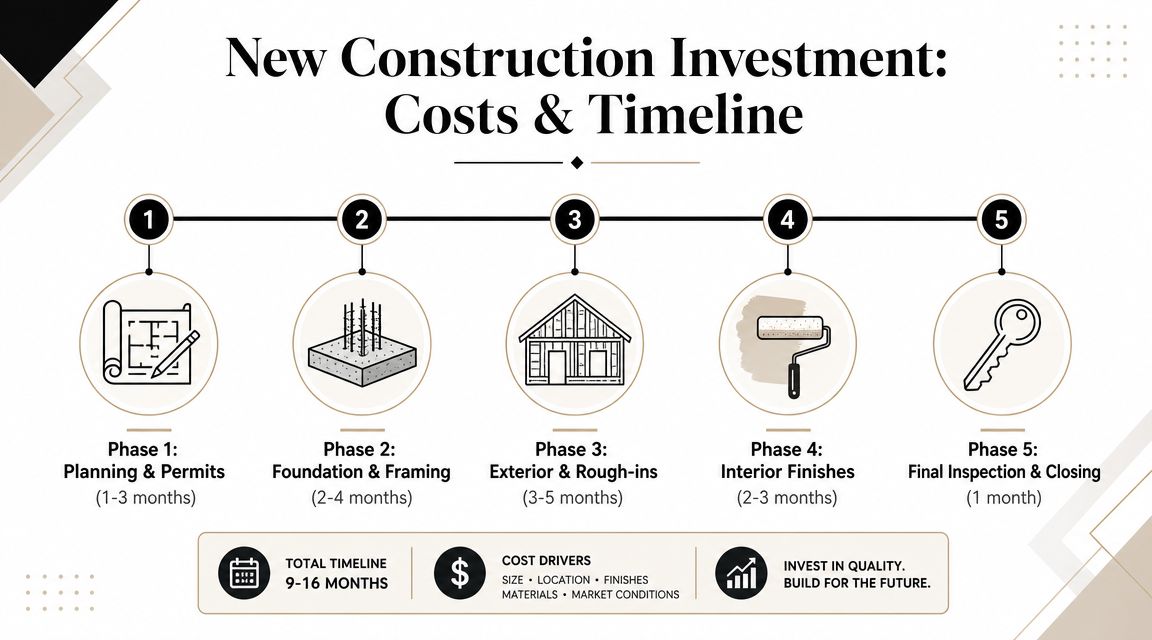 A diagram outlining the five phases, timeline, and cost drivers for a new construction investment project.