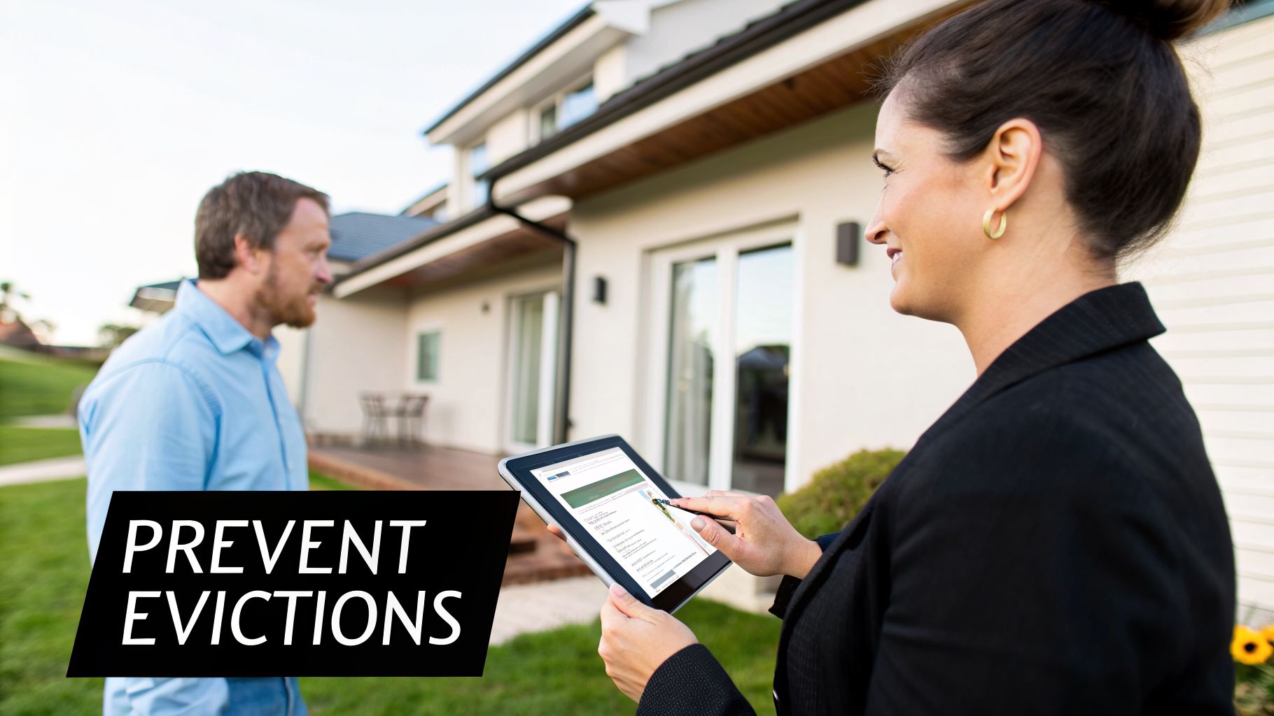 A smiling woman uses a tablet with a stylus, looking at a man outside a modern home, with text "PREVENT EVICTIONS".