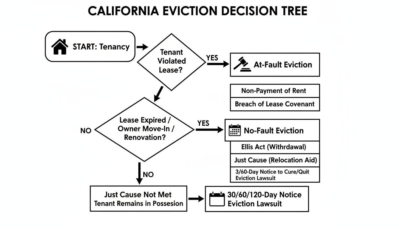 Flowchart detailing the California eviction decision process, differentiating between at-fault and no-fault evictions.