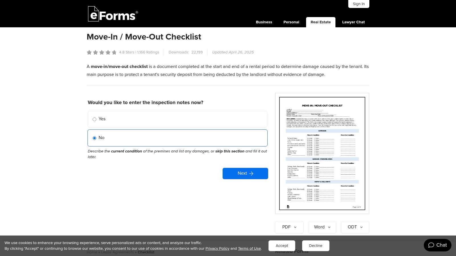 A screenshot of the eForms website showing their move-in move-out inspection checklist, highlighting its clean layout and multi-format download options.