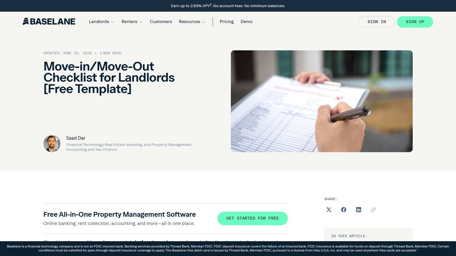 A screenshot of the Baselane website, showing their move-in move-out checklist resource for landlords, highlighting its modern and clean interface.