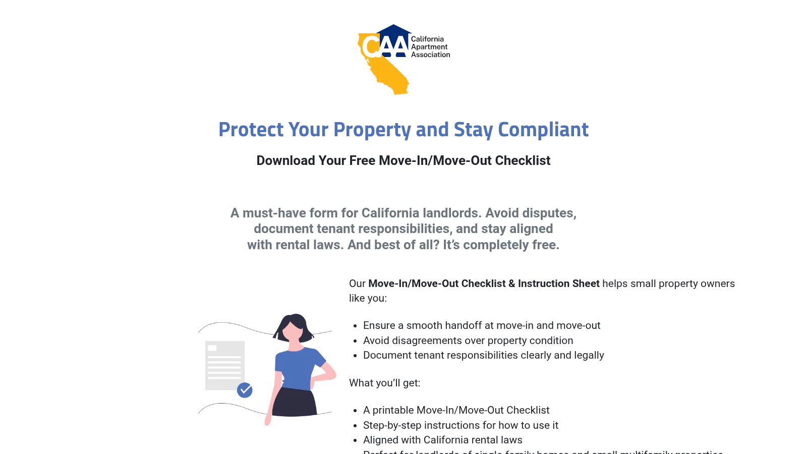 A screenshot of the California Apartment Association website showing the move-in move-out checklist form, emphasizing its official and legal nature for landlords.