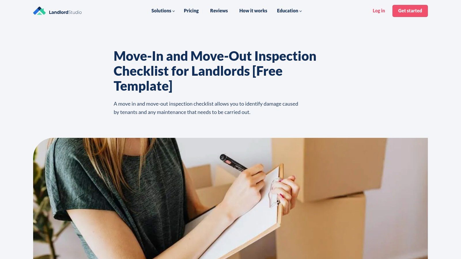A screenshot of the Landlord Studio website showing a mobile device with their property inspection checklist, highlighting its digital-friendly format.