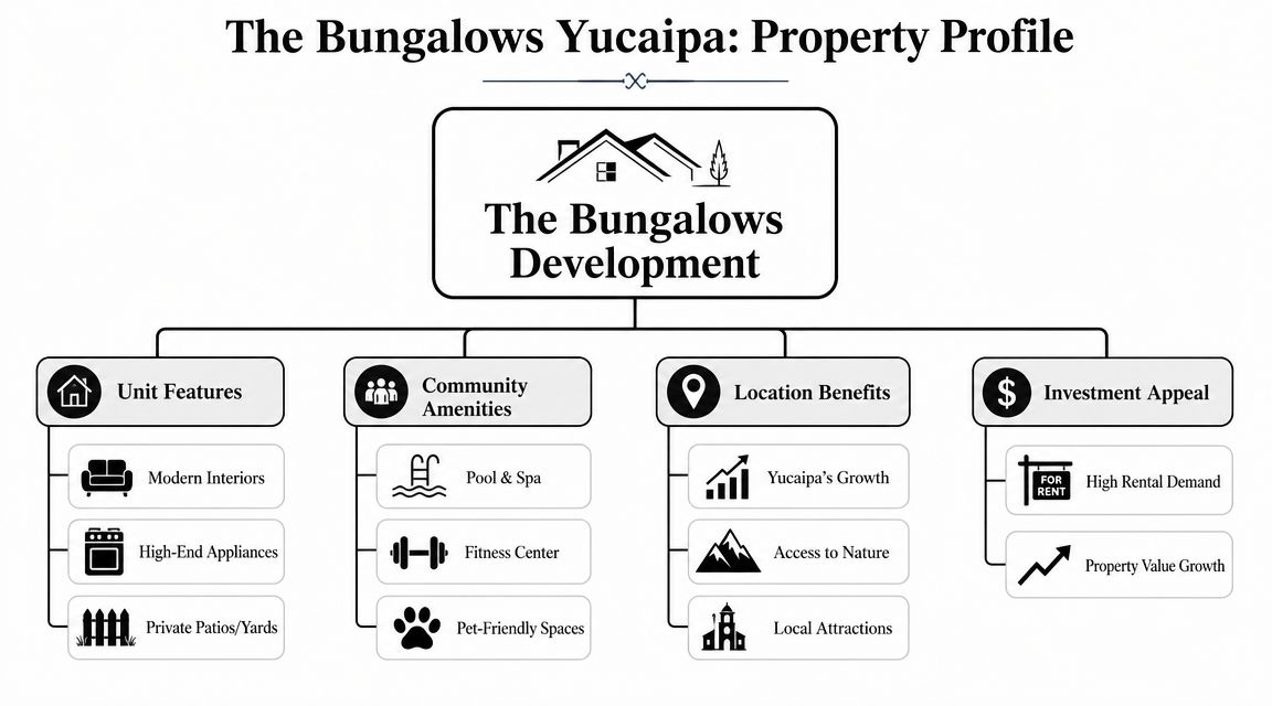 A property profile infographic for The Bungalows Yucaipa development showing features, amenities, location benefits, and investment appeal.