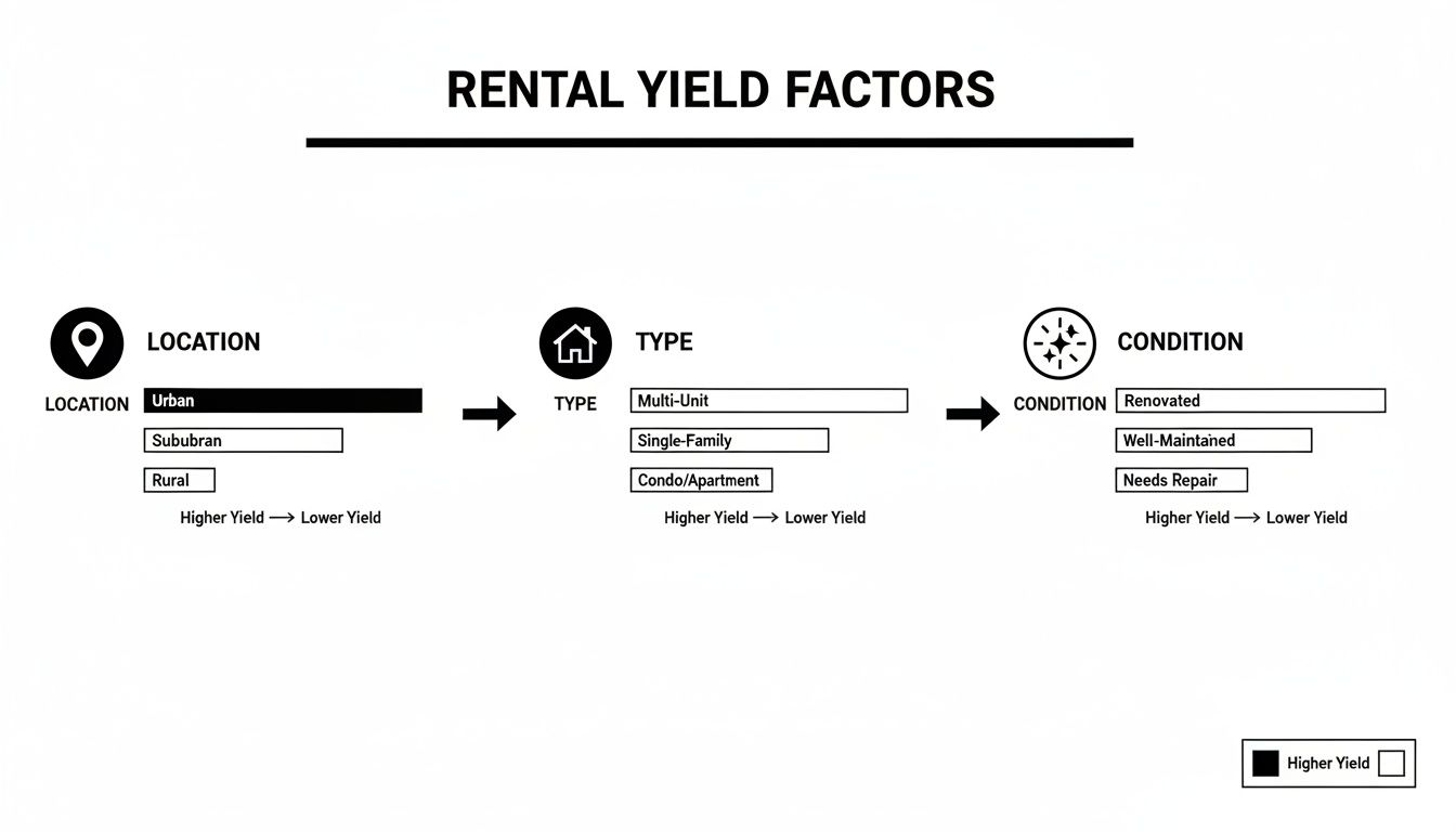 Infographic showing rental yield factors by location, property type, and condition, from higher to lower yield.