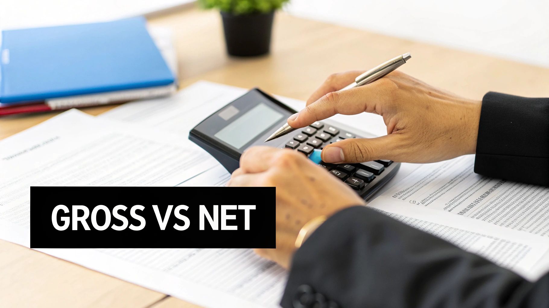A person uses a calculator and pen on financial documents, with “GROSS VS NET” text overlay.