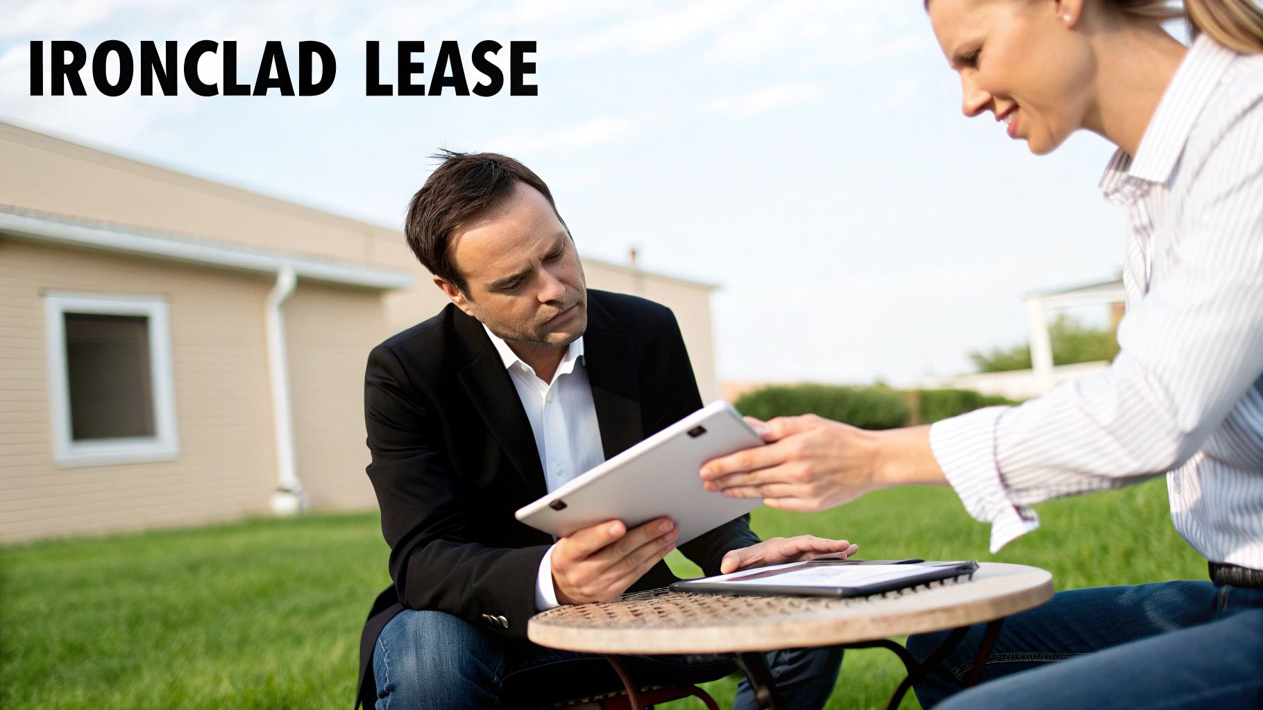 Two people reviewing an ironclad lease agreement outdoors, with one person handing a tablet to another.