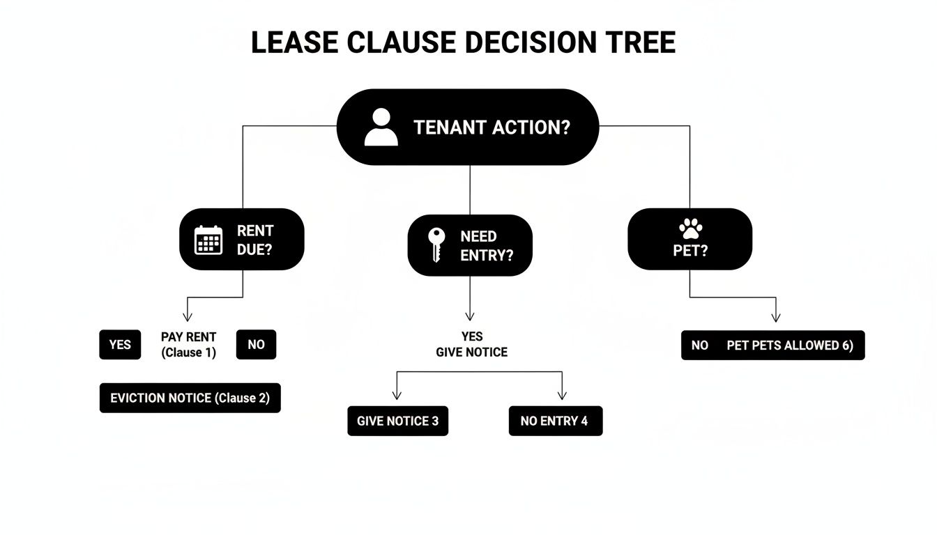A decision tree flowchart illustrating lease clauses for tenant actions regarding rent, property entry, and pets.