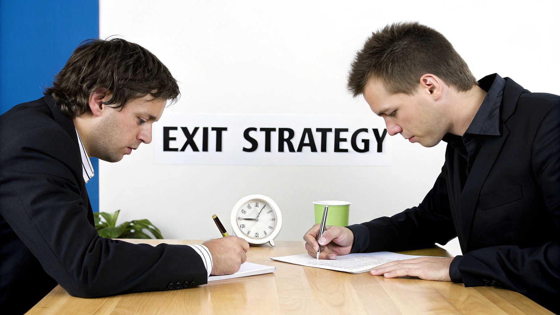 Two focused men in suits writing at a table with an "EXIT STRATEGY" sign.