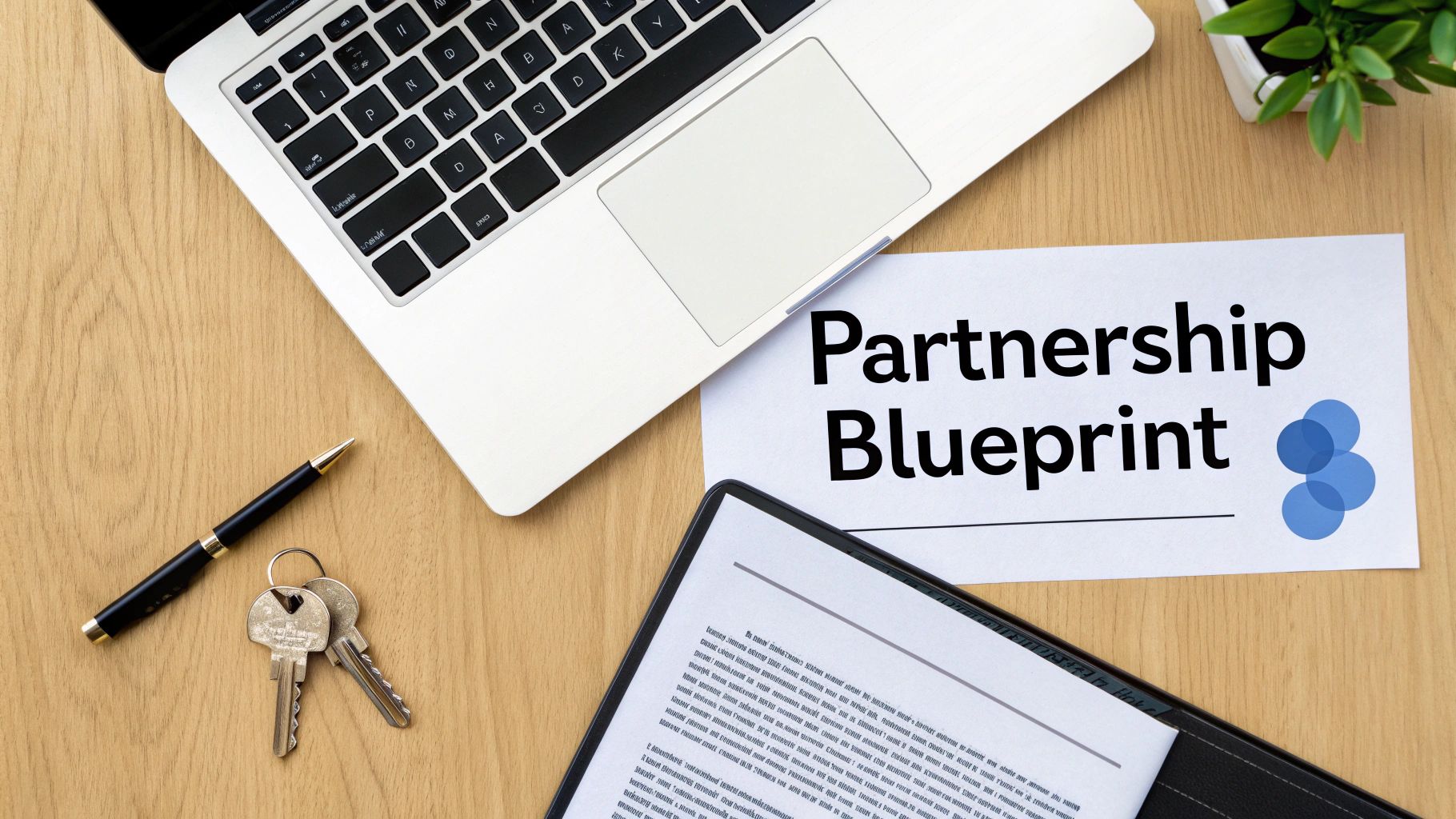A flat lay of a desk with a laptop, a document titled 'Partnership Blueprint', a pen, keys, and a small plant.