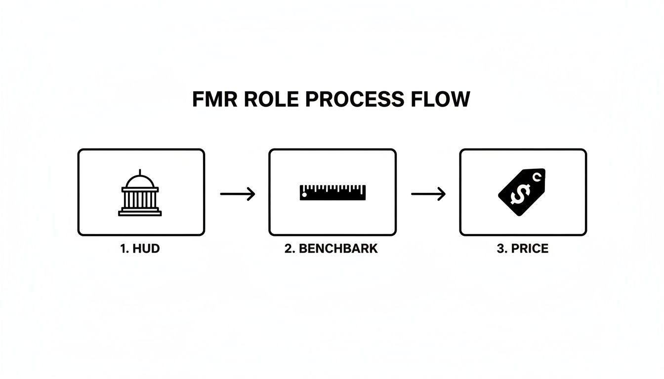 A flowchart showing the FMR (Fair Market Rent) calculation steps: HUD, benchmarking, and pricing.