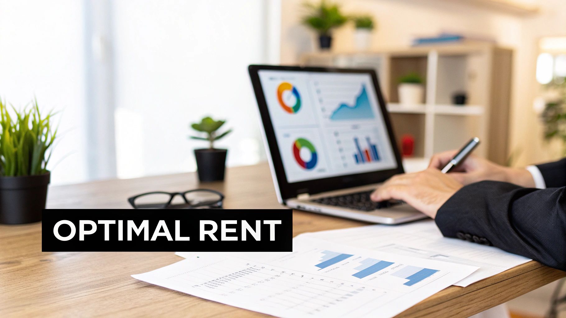 A person analyzes rental data on a laptop and documents with charts on a wooden desk.