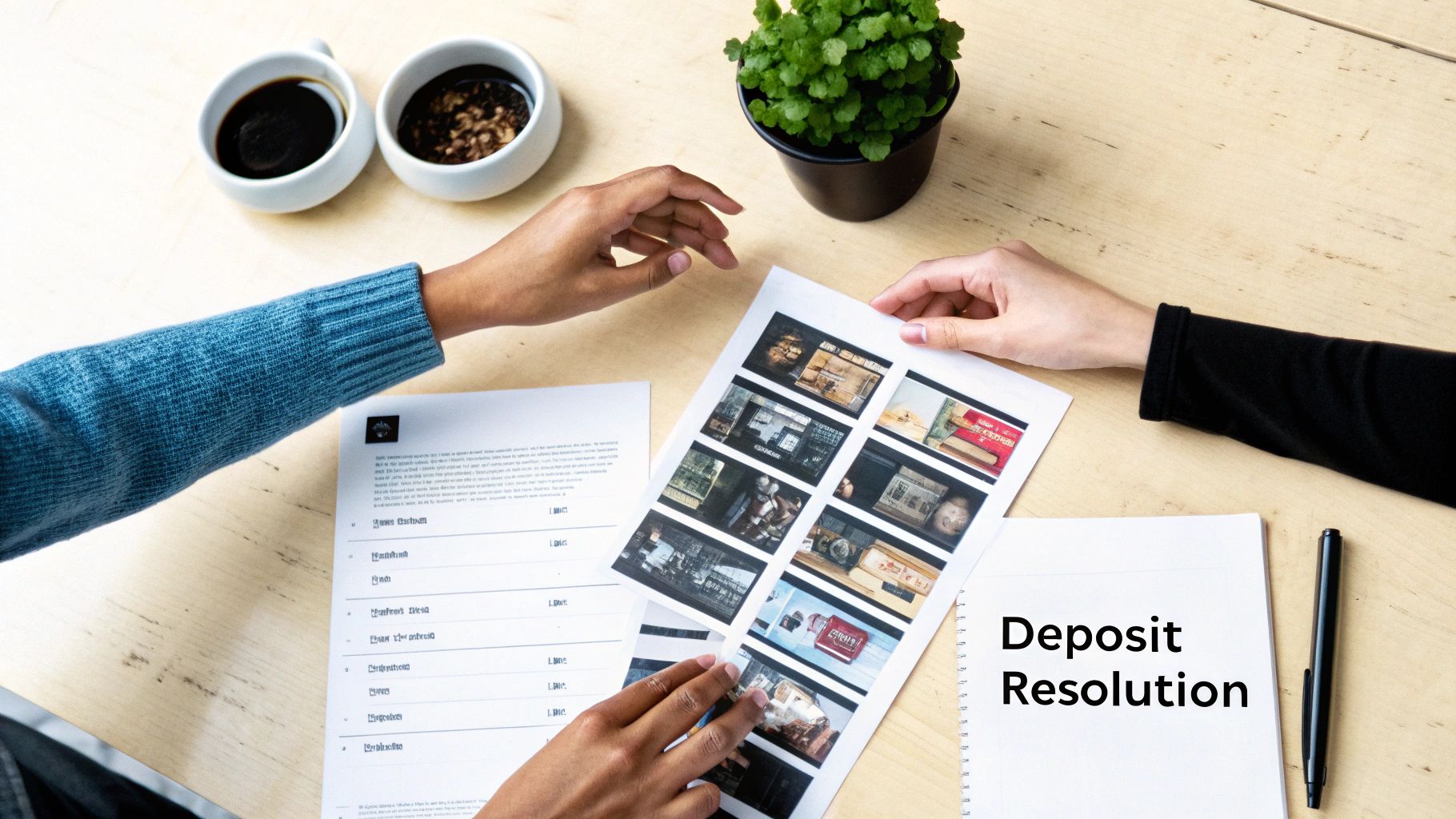Two people review documents, including a photo proof sheet, and a 'Deposit Resolution' notebook on a wooden desk.