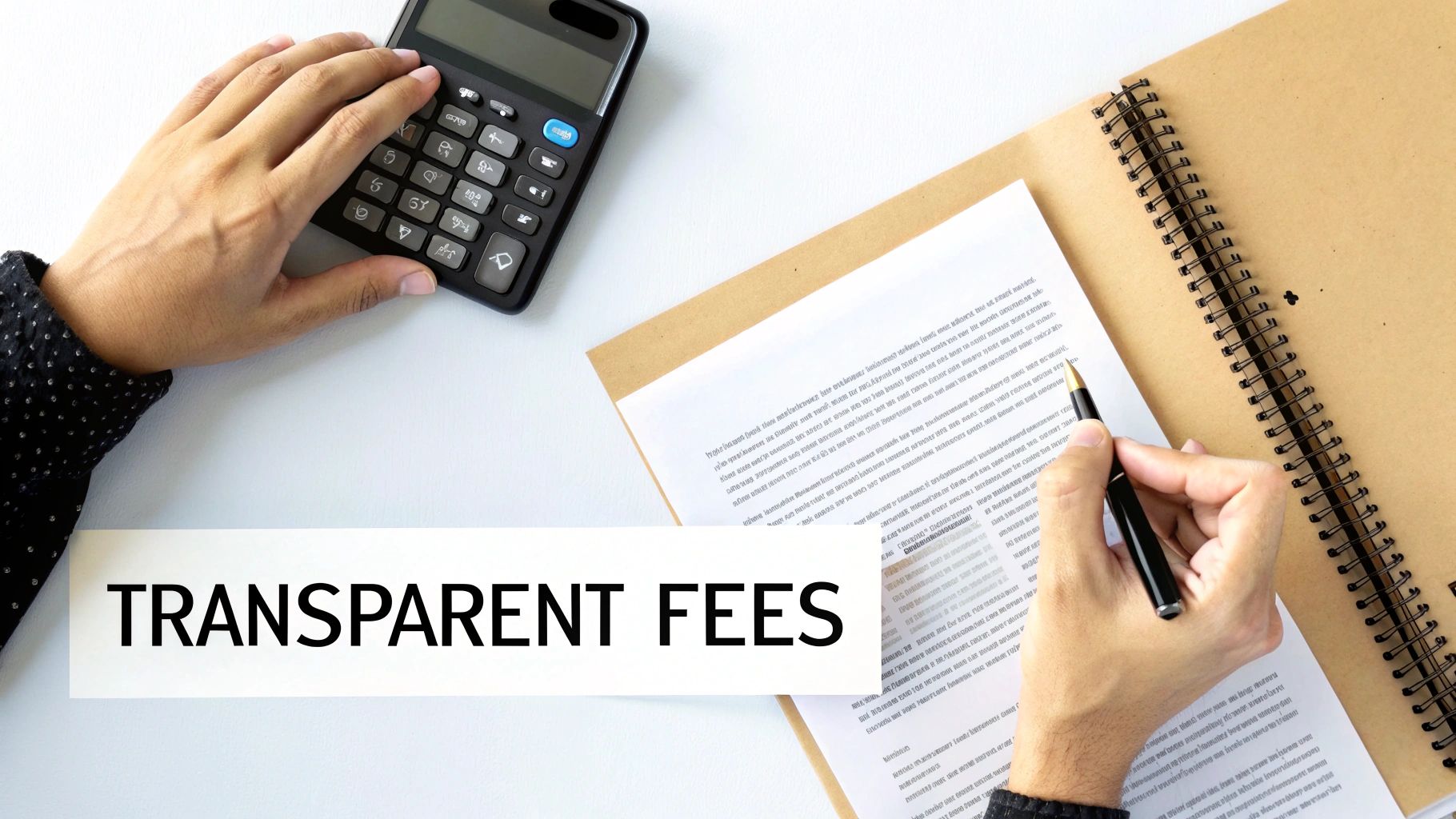 A person calculates fees on a desk with a calculator, pen, and documents, emphasizing transparent financial costs.