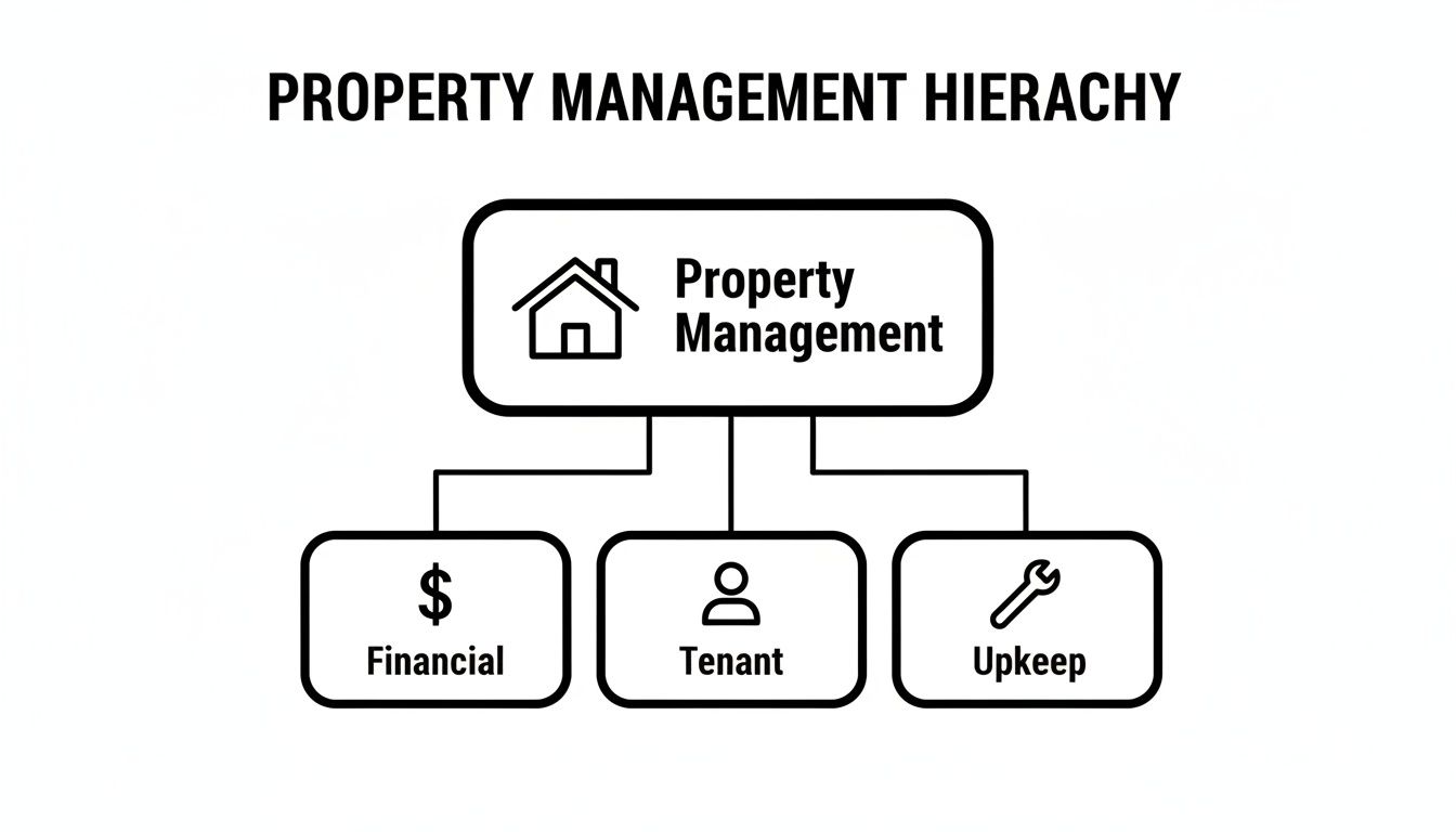 A black and white diagram illustrating the property management hierarchy, dividing it into financial, tenant, and upkeep categories.