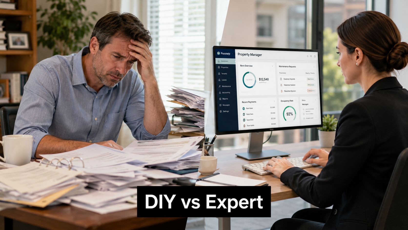 Comparison of a stressed individual managing paper records versus a professional using digital property management software.