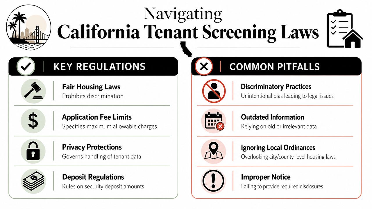 An infographic titled Navigating California Tenant Screening Laws, highlighting key legal regulations and common landlord pitfalls.