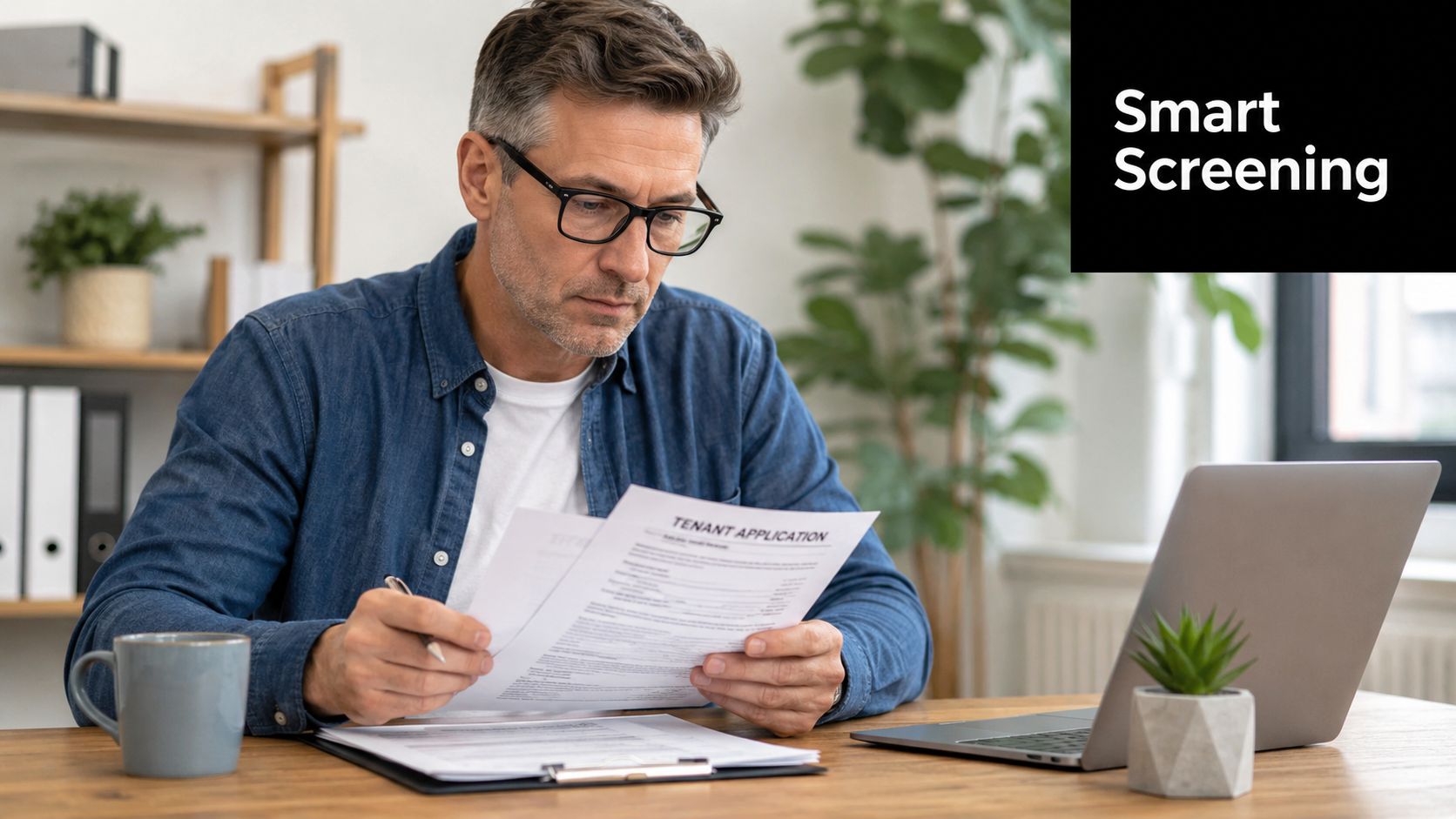A professional man reviewing a tenant application document while sitting at a desk with his laptop.