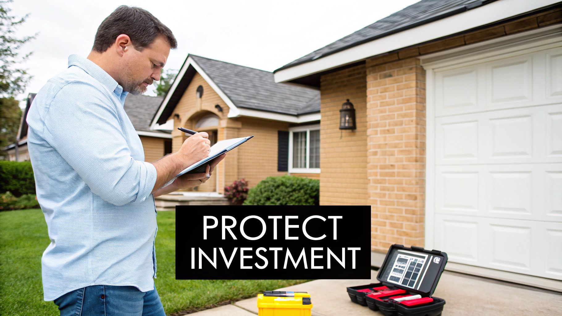 A man performs a home inspection, writing on a clipboard, with tools and 'PROTECT INVESTMENT' text.