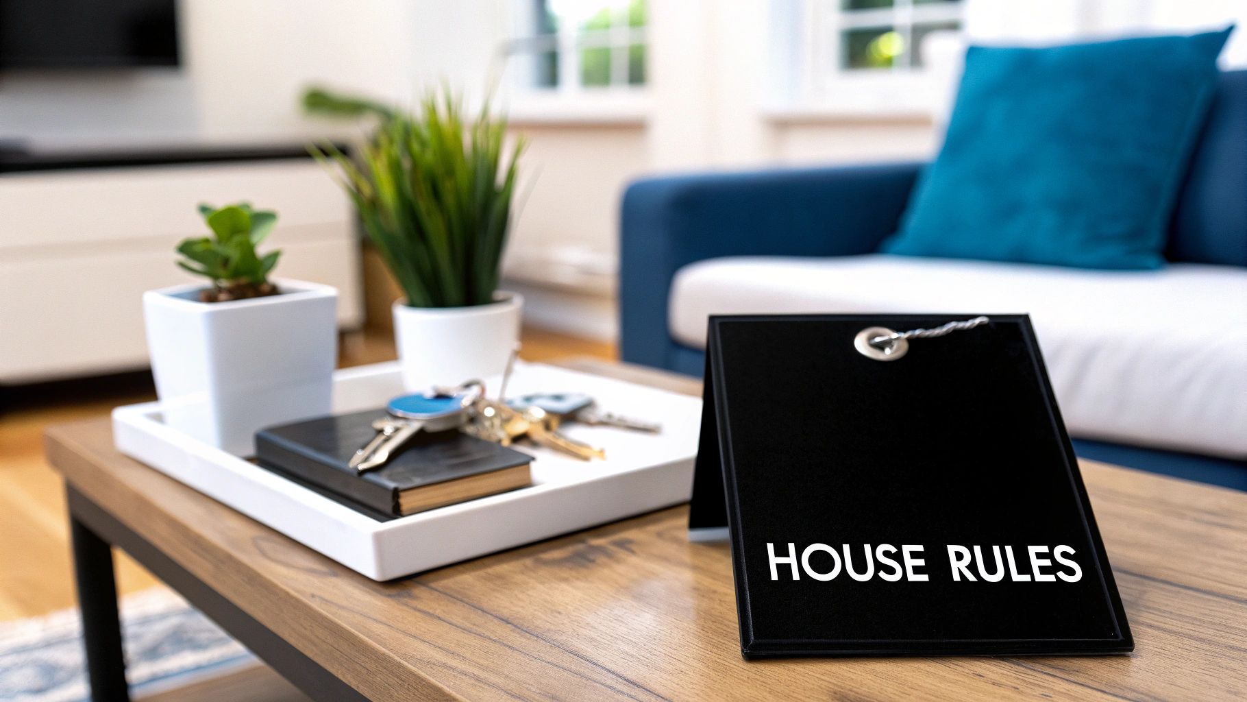 A coffee table in a living room with a 'HOUSE RULES' sign, keys, and potted plants.