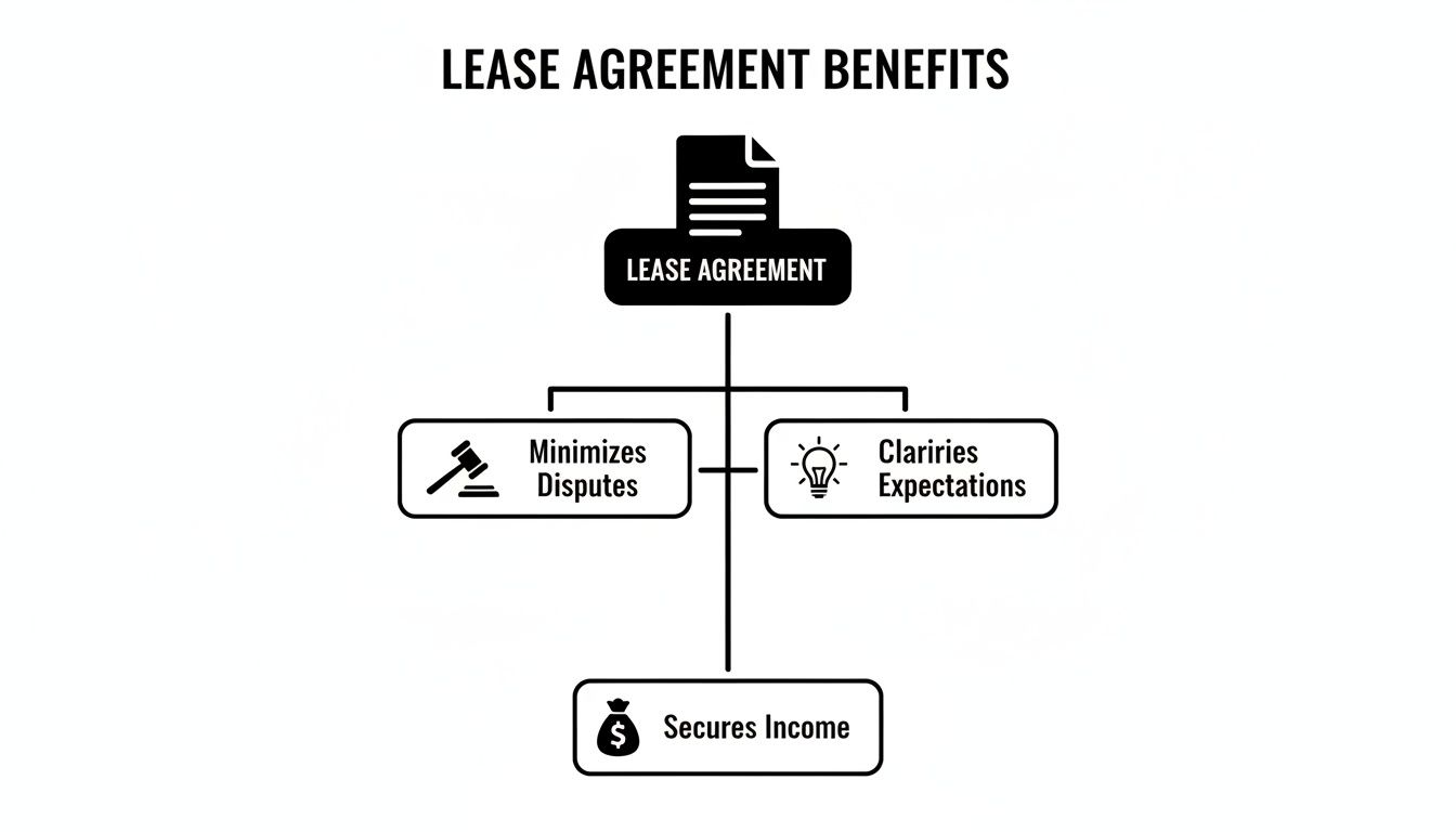 Diagram illustrating the benefits of a lease agreement: minimizes disputes, clarifies expectations, and secures income.
