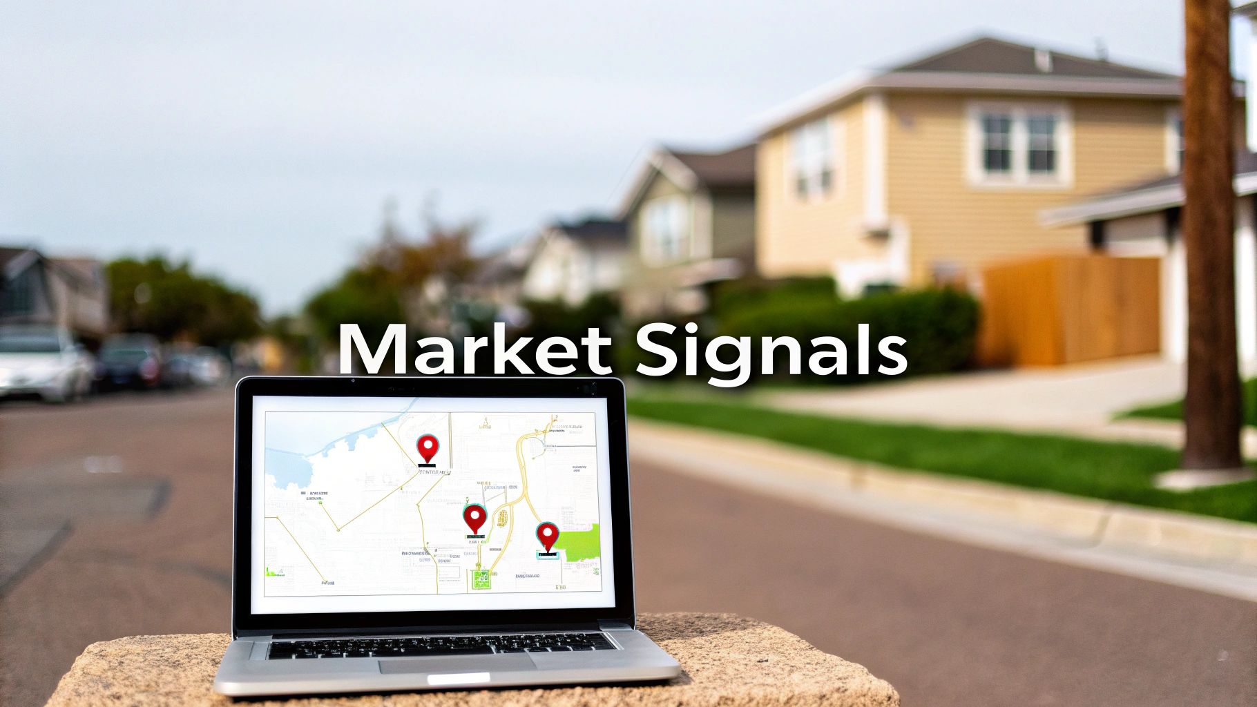 A laptop displaying a map with location pins on a residential street, with 'Market Signals' overlay.